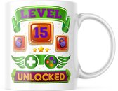 Verjaardag Mok level 15 unlocked | Verjaardag cadeau | Grappige Cadeaus | Koffiemok | Koffiebeker | Theemok | Theebeker
