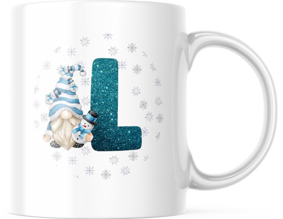 Foto: Kerst mok met afbeelding snowman gnome blauw letter l kerst decoratie kerst versiering grappige cadeaus koffiemok koffiebeker theemok theebeker