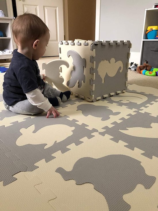 Maison Extravagante - Baby speelmat puzzel XL dierentuin met PVC opbergtas - Grijs - Wit - EVA schuim - 150x150x 1.2cm - Speelmat met rand - Speelbox van Maison Extravagante — afbeelding 5