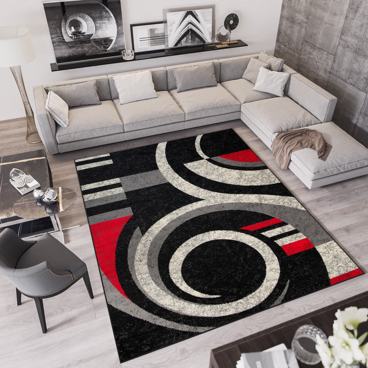 Tapiso Qmega Vloerkleed Zwart Grijs Rood Woonkamer Tapijt Maat- 140x200