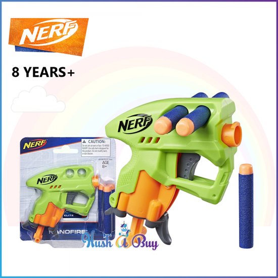 Groene Nerf NanoFire blaster met oranje accenten, met verpakking en los pijltje.