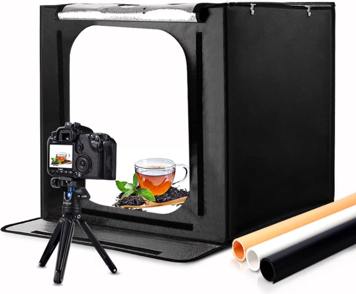 PULUZ Fotostudio Lichtbak 16in/40cm - Draagbare Opvouwbare Schiettent Met 3 Kleurtemperaturen, Dimbare Ring LED-Licht en 12 Kleuren Achtergronden