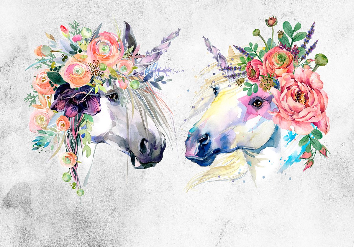 Fotobehang Witte Paarden met Bloemen XXL – posterbehang – 368 x 254 cm