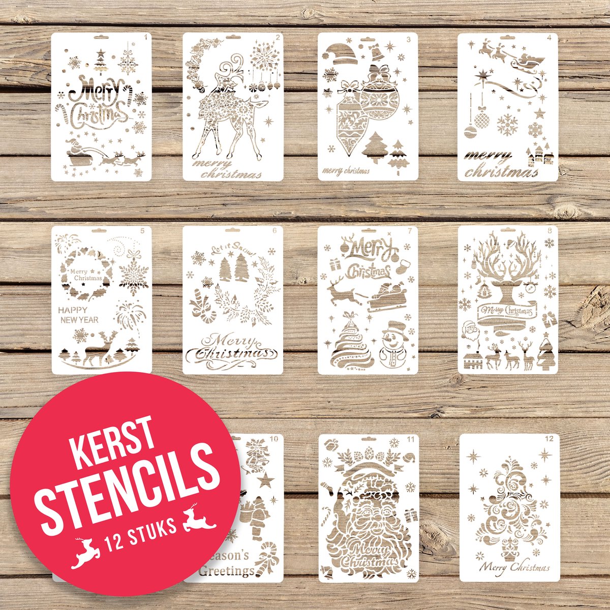 Crea010 - Kerst Stencils voor creatievelingen | Kerst | 12 stuks | 17.7x26.2cm | PET plastic | Herbuikbaar | Eenvoudig schoon te maken