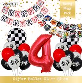 Cijfer Ballon 4 Jaar * Hoera 4 Jaar Snoes *Mega Pack Red Racing Formule 1 Verjaardag Set van 21 Ballonnen 19 x en 2 x DIY Slinger Happy Birthday & Race items * 80 cm Verjaardag Num