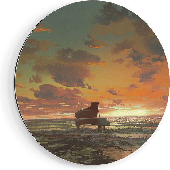 Artaza Dibond Muurcirkel Piano op het Strand bij Zonsondergang - Ø 50 cm - Klein - Wandcirkel - Rond Schilderij - Voor Binnen en Buiten