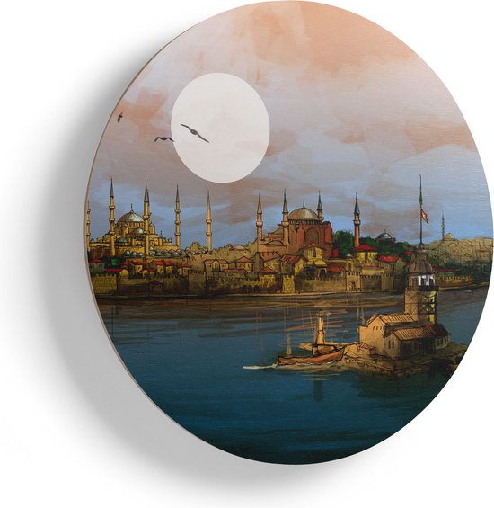 Artaza Houten Muurcirkel - Illustratie Van De Maiden's Tower In Istanbul - Ø 85 cm - Groot - Multiplex Wandcirkel - Rond Schilderij