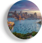 Artaza Houten Muurcirkel - Sydney Harbour Bridge in de Avond - Ø 80 cm - Groot - Multiplex Wandcirkel - Rond Schilderij