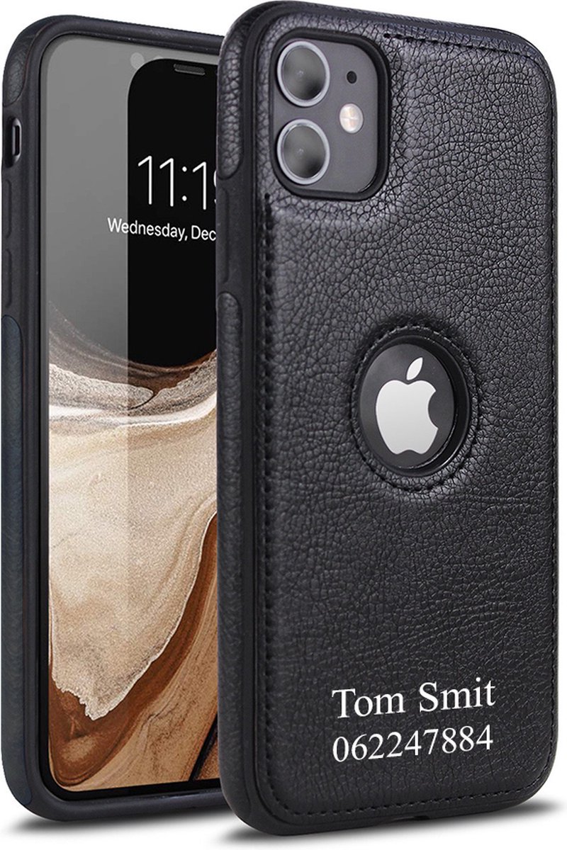 Lederen iPhone 12 / iPhone 12 Pro hoesje met naam, Gepersonaliseerde iphone hoesje, zwart kleur