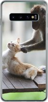 Geschikt voor Samsung Galaxy S10 hoesje - Kat - Aap - Hout - Siliconen Telefoonhoesje