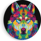 Artaza Dibond Muurcirkel Gekleurde Wolvenkop - Wolf - Abstract - Ø 40 cm - Klein - Wandcirkel - Rond Schilderij - Voor Binnen en Buiten