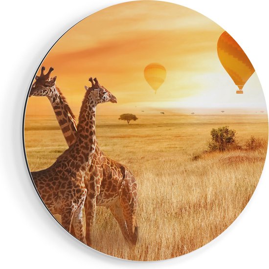 Artaza Muurcirkel - Twee Giraffen Met Twee Oranje Luchtballonnen - Ø - Wandcirkel - Rond Schilderij