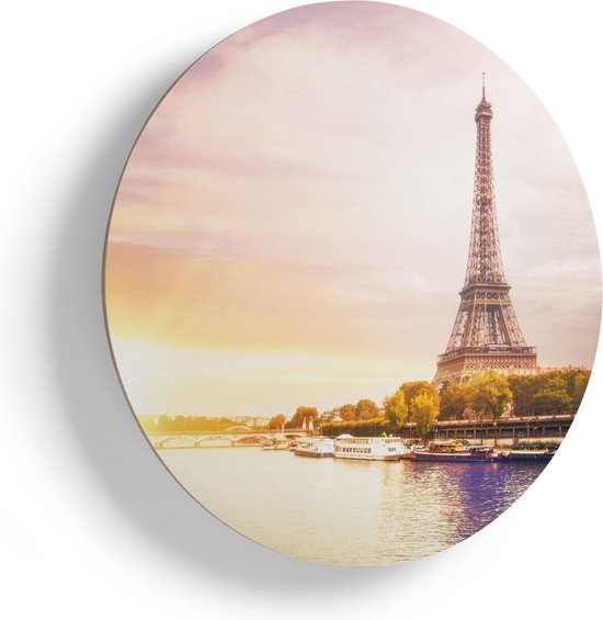 Artaza Houten Muurcirkel - Eiffeltoren In Parijs Aan Het Water - Ø 70 cm - Multiplex Wandcirkel - Rond Schilderij
