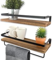 AZANO zwevende plank wandplank keuken plank | 100% echt hout | Hout en metaal zwart | ideaal voor keuken badkamer hal woonkamer | met handdoekhouder industrieel ontwerp decoratieve