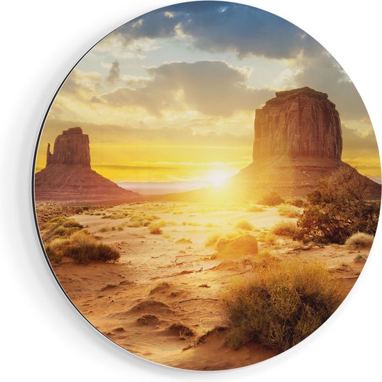 Artaza Dibond Muurcirkel Zonsondergang In Woestijn Monument Valley  - Ø 90 cm - Groot - Wandcirkel - Rond Schilderij - Voor Binnen en Buiten