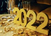 TAFELDECORATIE  set ''2022" goud glitter / ± 47 x 22 x 3.75 cm
