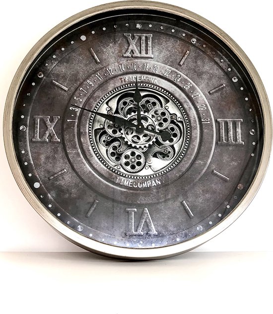 Clock Gear Trademark Timecompany Grey 80 cm diameter - draaiende tandwielen - radar geluidloos - klok - horloge - landelijk - industriestijl - industrieel - cadeau - geschenk - kerst - nieuwjaar - verjaardag - gift -  origineel - interieur -  wand