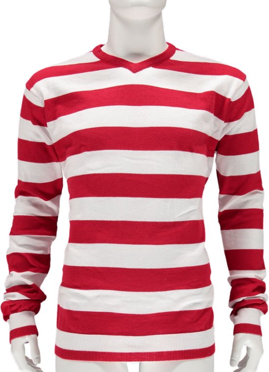 Pull carnaval tricoté à rayures - Rouge / Wit - Taille XL - Carnaval - Déguisements femme - Vêtement Déguisements homme - Apollo
