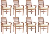 Decoways - Eetkamerstoelen 8 st met crèmekleurige kussens massief teakhout