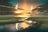 Celtic Tree - Canvas schilderij - Reflectie - 60x90cm - Wanddeco - Premium Canvas - Spiegeling - Maan - Water - Inzicht - Symboliek - Mystiek - Reflectie - Spiegel - Schemering - P