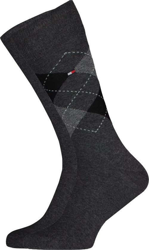 Tommy Hilfiger Check Socks (2-pack) - herensokken katoen - geruit en uni - antraciet - Maat: 47-49