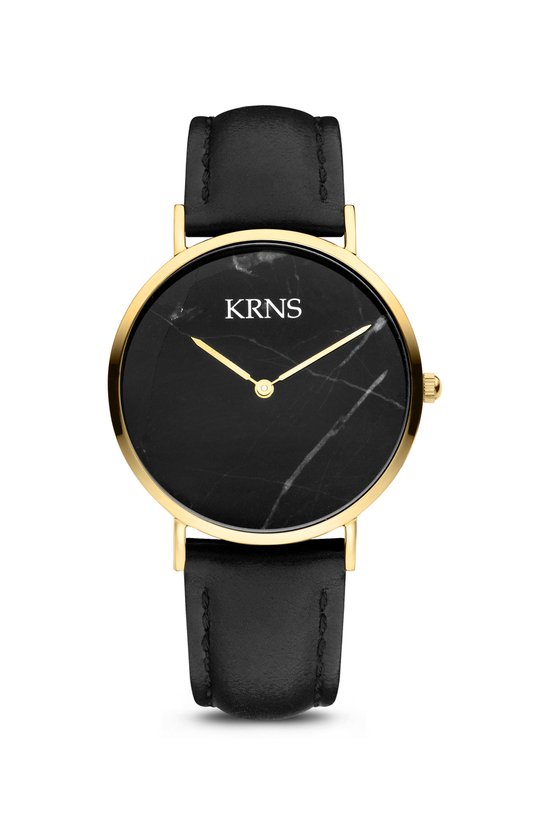 KRNS 1025 - Horloge - Analoog - Dames - Vrouwen - Leren band - Gemarmerde wijzerplaat - Zwart - Goudkleurig