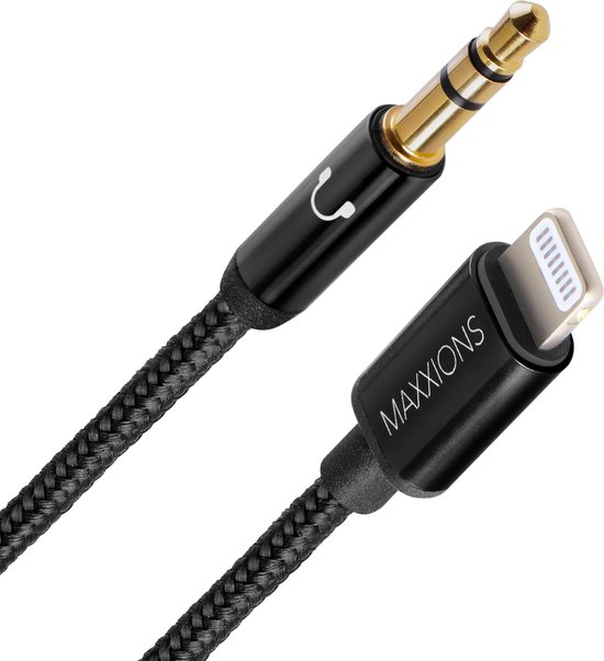 Maxxions Kabel geschikt voor Apple iPhone 6 t/m 14 - MFi-gecertificeerd - 1.2 m/120 cm - Aux Kabel Auto - Zwart - Geschikt voor Lightning naar Jack (3.5 mm)