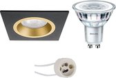 LED Spot Set - Primux Rodos Pro - GU10 Fitting - Inbouw Vierkant - Mat Zwart/Goud - 93mm - Philips - CorePro 827 36D - 4.6W - Warm Wit 2700K