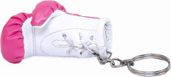 Roze en witte bokshandschoen sleutelhanger met veters.