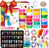 DIY Slime Fluffy Kit - 24 kleuren slijmkit voor meisjes jongens speelgoed met 48 glitterpoeder, helder slijmaccessoire voor handwerk voor kinderen, luchtdroog klei, fruitschijven en -gereedsc