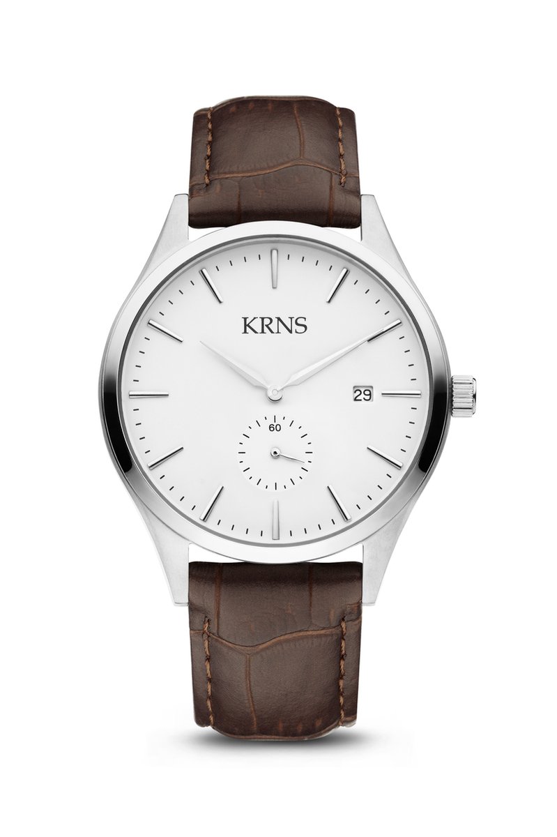 KRNS 1000 - Horloge - Analoog - Heren - Mannen - Leren band - Bruin - Zilverkleurig - Wit