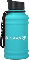 Navaris fitness drinkfles 1,3 liter - Lichte waterfles van roestvrij staal blauw - Grote turquoise waterfles RVS voor sport, fitness, yoga en kamperen