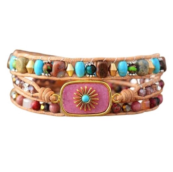 Marama - wikkelarmband Golden Sun Roze - dames armband - Rhodoniet - 50 cm - cadeautje voor haar