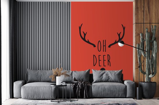 Fond d' écran - Papier peint photo - Noël citation Oh cerf avec un fond rouge - Largeur 200 cm x hauteur 300 cm