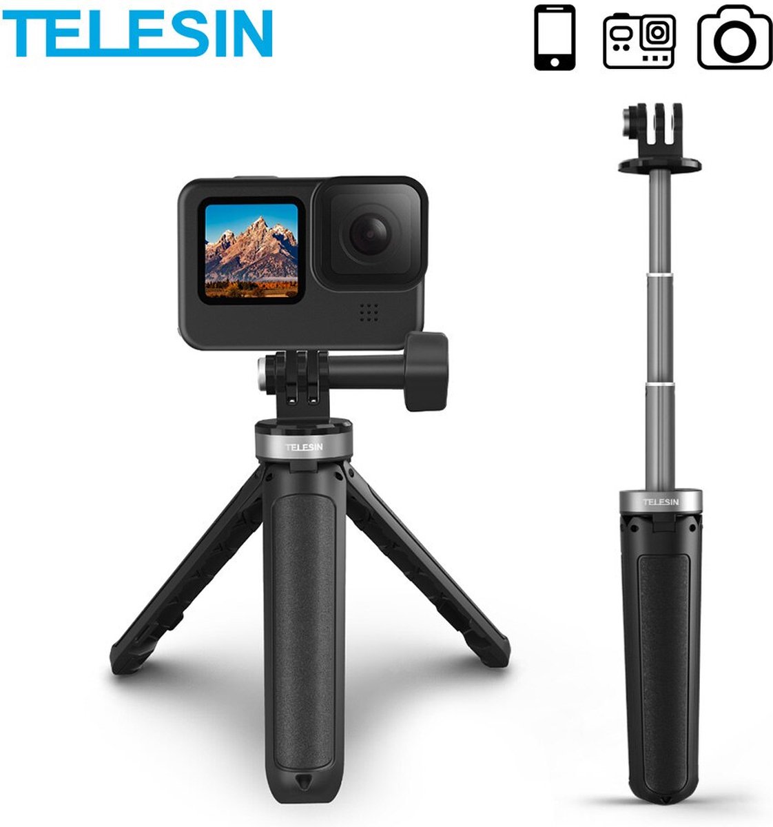 PRO SERIES Mini Selfie Stick tot 25cm Draagbare Aluminium voor GoPro / DJI Osmo en Action Cameras