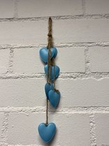 Decoratief touw met metalen harten - 6 blauwe harten - lengte 35x5x5cm - Woonaccessoires - Decoratieve hangers