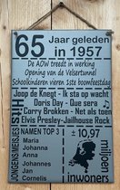 Zinken tekstbord 65 jaar geleden in 1958 - Grijs - 20x30 cm. - verjaadag - jubileum