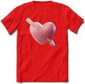 Valentijn Hart met pijl T-Shirt | Grappig Valentijnsdag Cadeautje voor Hem en Haar | Dames - Heren - Unisex | Kleding Cadeau | - Rood - 3XL