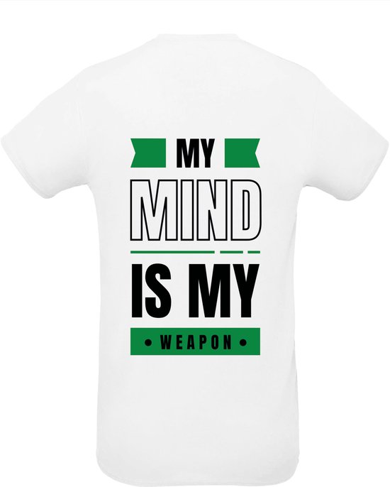 Huurdies Sportshirt | My mind is my weapon | maat  S | Bedrukkingskleur groen | shirt wit