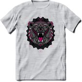 Beer - Dieren Mandala T-Shirt | Roze | Grappig Verjaardag Zentangle Dierenkop Cadeau Shirt | Dames - Heren - Unisex | Wildlife Tshirt Kleding Kado | - Licht Grijs - Gemaleerd - L