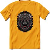 Leeuw - Dieren Mandala T-Shirt | Rood | Grappig Verjaardag Zentangle Dierenkop Cadeau Shirt | Dames - Heren - Unisex | Wildlife Tshirt Kleding Kado | - Geel - XXL