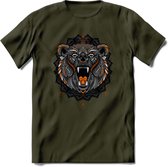 Beer - Dieren Mandala T-Shirt | Oranje | Grappig Verjaardag Zentangle Dierenkop Cadeau Shirt | Dames - Heren - Unisex | Wildlife Tshirt Kleding Kado | - Leger Groen - L