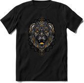 Leeuw - Dieren Mandala T-Shirt | Geel | Grappig Verjaardag Zentangle Dierenkop Cadeau Shirt | Dames - Heren - Unisex | Wildlife Tshirt Kleding Kado | - Zwart - XL