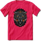 Wolf - Dieren Mandala T-Shirt | Oranje | Grappig Verjaardag Zentangle Dierenkop Cadeau Shirt | Dames - Heren - Unisex | Wildlife Tshirt Kleding Kado | - Roze - XXL