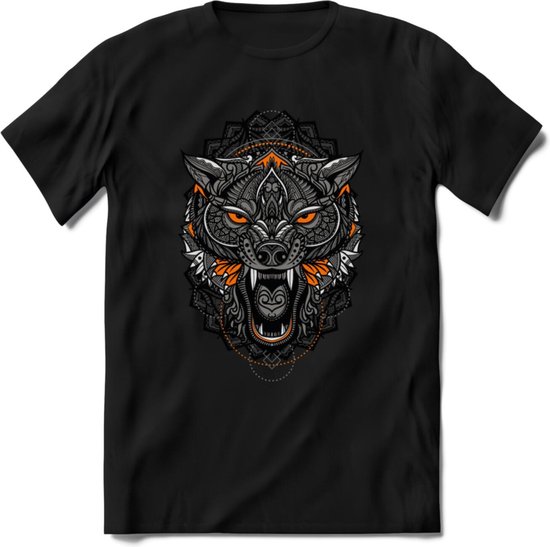 Wolf - Dieren Mandala T-Shirt | Oranje | Grappig Verjaardag Zentangle Dierenkop Cadeau Shirt | Dames - Heren - Unisex | Wildlife Tshirt Kleding Kado | - Zwart - 3XL