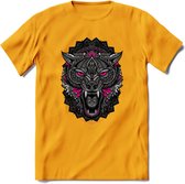 Wolf - Dieren Mandala T-Shirt | Roze | Grappig Verjaardag Zentangle Dierenkop Cadeau Shirt | Dames - Heren - Unisex | Wildlife Tshirt Kleding Kado | - Geel - XXL