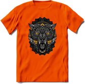 Wolf - Dieren Mandala T-Shirt | Geel | Grappig Verjaardag Zentangle Dierenkop Cadeau Shirt | Dames - Heren - Unisex | Wildlife Tshirt Kleding Kado | - Oranje - S