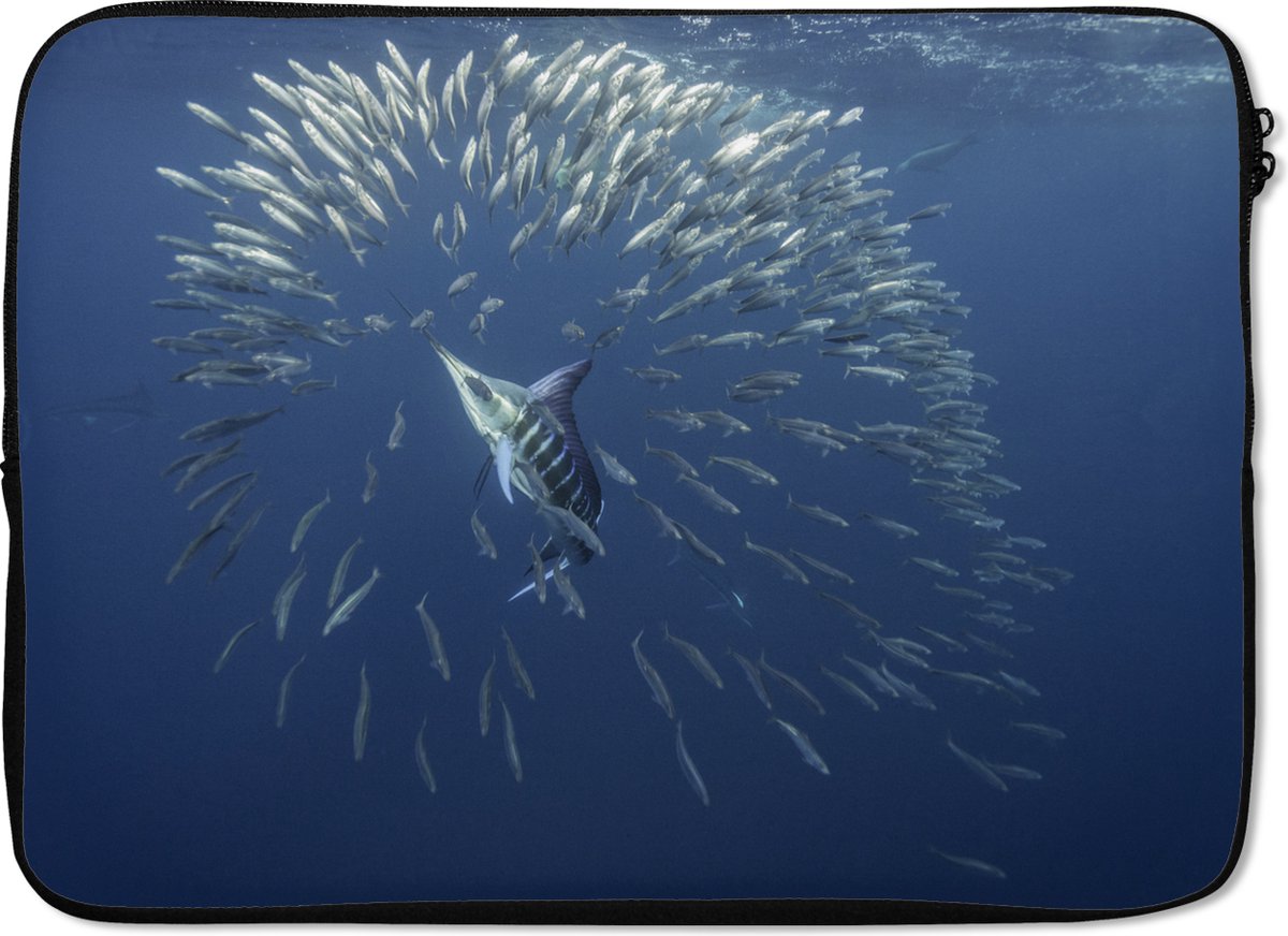 Laptophoes 14 inch 36x26 cm - Zeedieren - Macbook & Laptop sleeve Gestreepte marlijn en zeeleeuw jagen op sardientjes - Laptop hoes met foto