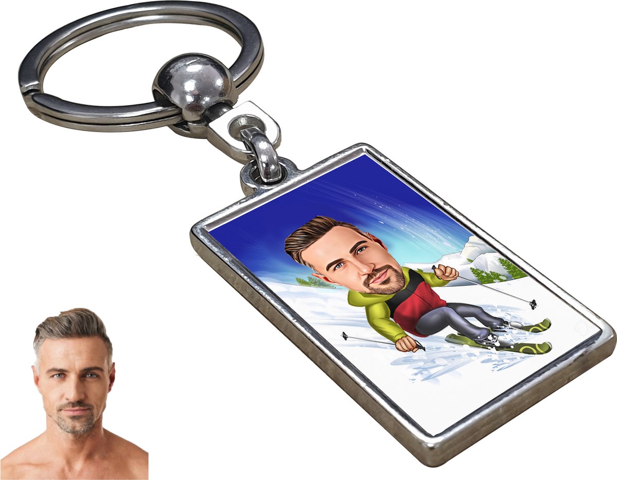 Ski Karikatuur Man - Gepersonaliseerde Karikatuur Sleutelhanger met Jouw Foto - Cadeau - Verjaardag - Kerst - Kado - Valentijn - Vaderdag - Vaderdag cadeautje - Vaderdag cadeau voor papa - Gepersonaliseerd Cadeau