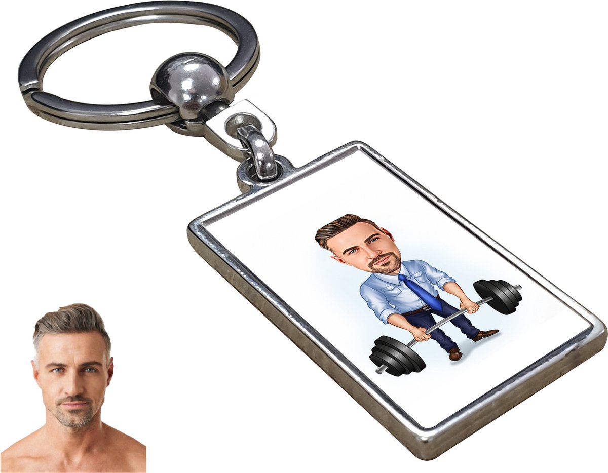 Fitness Karikatuur - Gepersonaliseerde Karikatuur Sleutelhanger met Jouw Foto - Cadeau - Verjaardag - Kerst - Kado - Valentijn - Vaderdag - Vaderdag cadeautje - Vaderdag cadeau voor papa - Gepersonaliseerd Cadeau